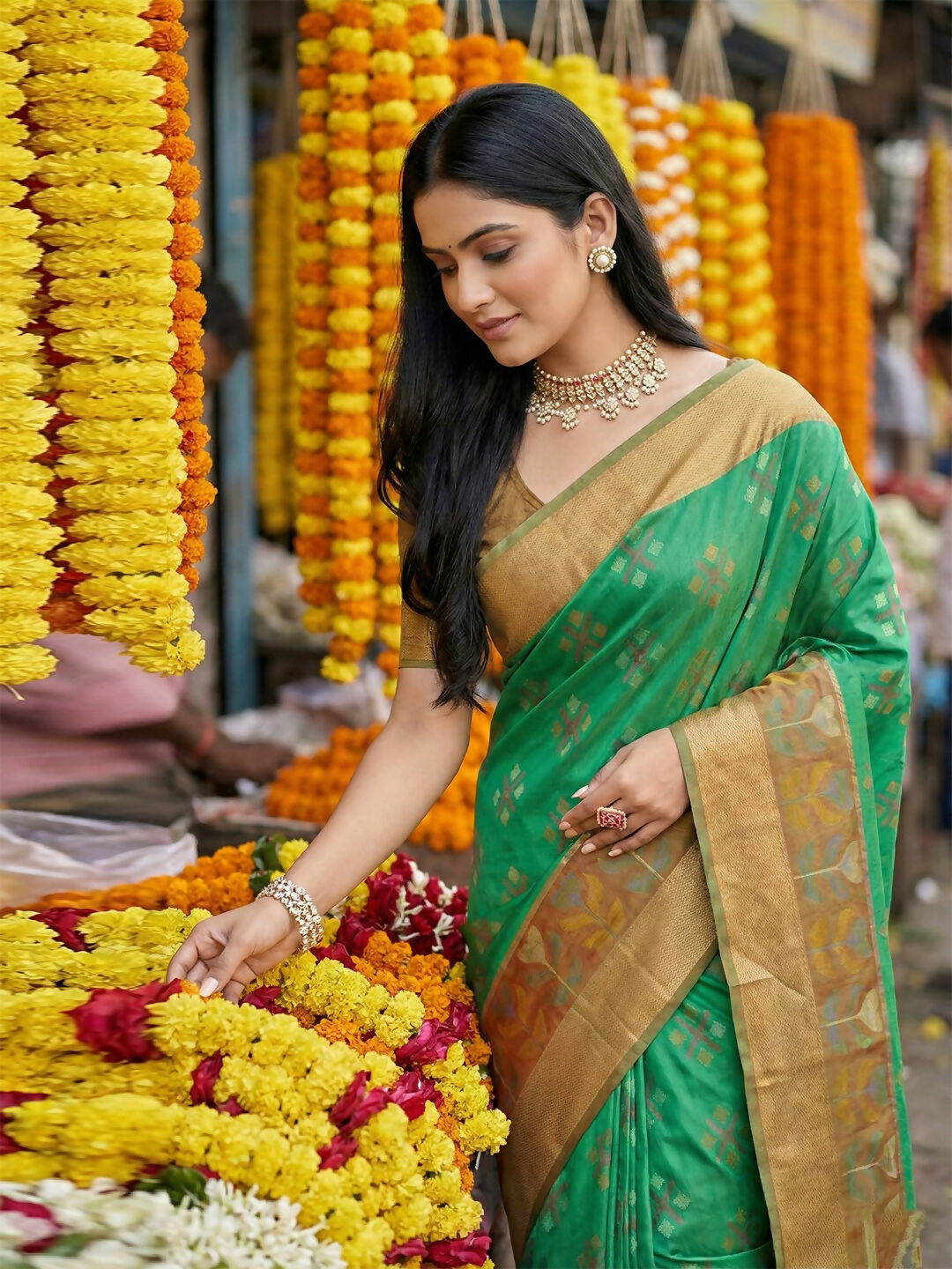 Shree Shyam Fashion Green Pochampally Silk Saree - Distacart