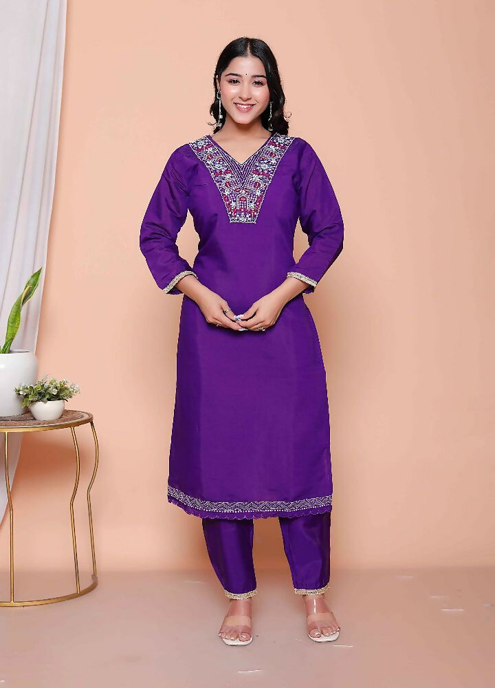Miravan Womens Purple Muslin Straight Kurta And Palazzo With Dupatta Suit Set - Distacart