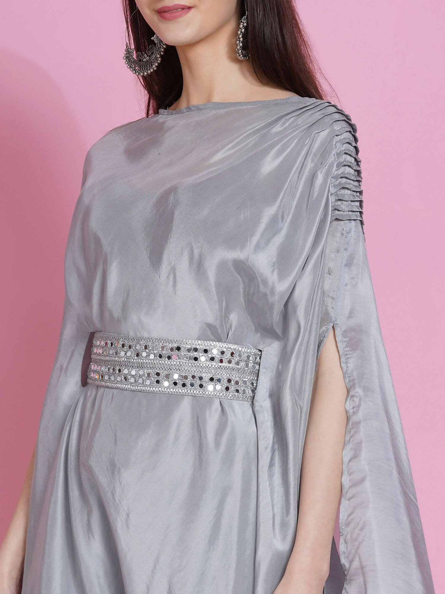 Women Republic Grey Opara Silk Kurta With Belt And Palazzo - Distacart