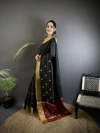 Joban Fashion Black Bhagalpuri Cotton Silk Stripes/Box Saree - Distacart