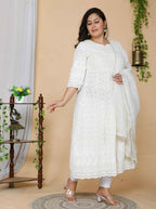 Miravan Women's Plus Size Beige Chikankari Thread Work Anarkali Kurta With Dupatta