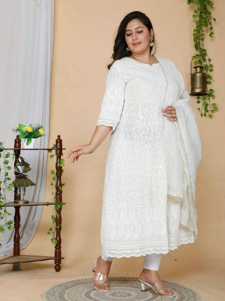 Miravan Women's Plus Size Beige Chikankari Thread Work Anarkali Kurta With Dupatta