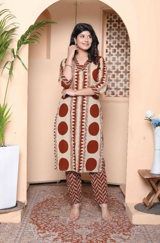 Miravan Womens Brown Pure Cotton Kurta With Palazzo Set
