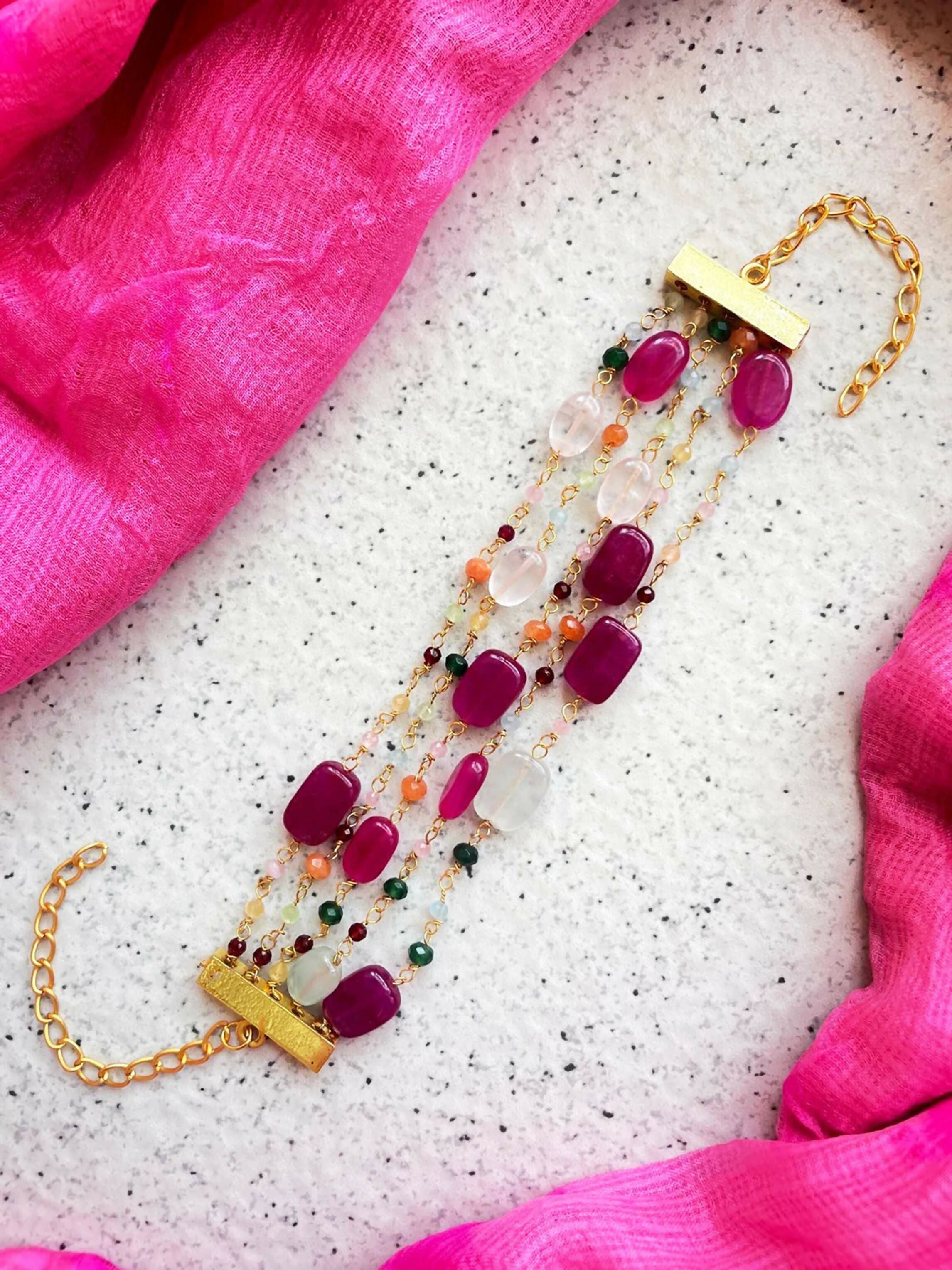 Joban Fashion Magenta Pink Brass Colourful Zade Stones Trendy Bracelet - Distacart