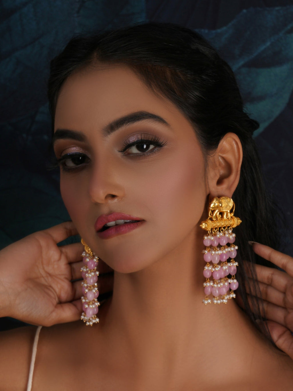 Long Layered Earrings with Elephant Motifs (Pink) - Ruby Raang - Distacart