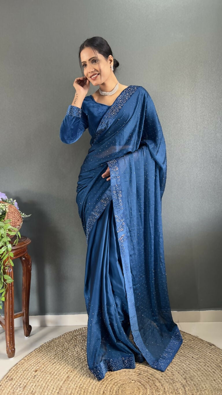 Vastranavya Teal Rangoli Silk Swarovski work Ready to Wear Saree