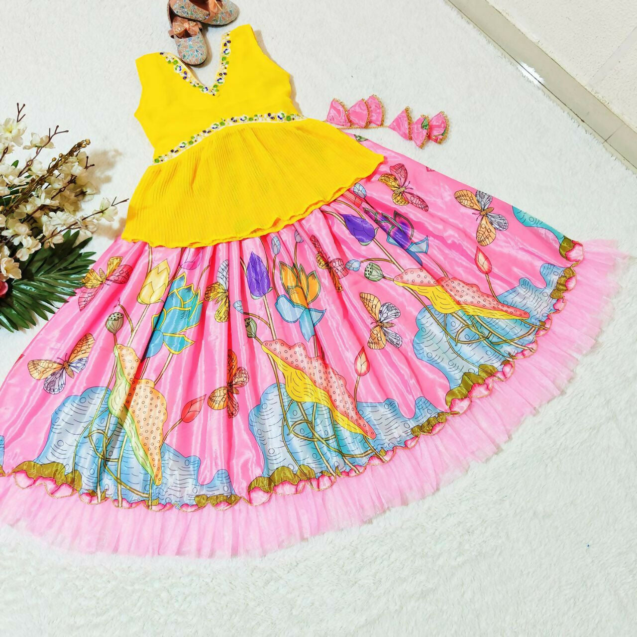 Jyoti Fashion Classy Pink Chinon Silk Printed with Embroidered Kids Lehenga Choli Set