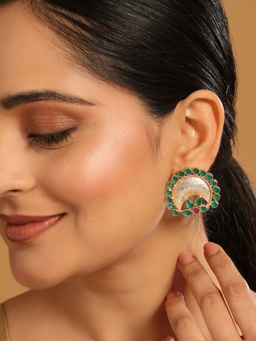 Nuyug 22K Gold Plated Faux Emerald Stone Studded Contemporary Shaped Studs - Distacart