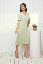 Myshka Women Green Ethnic Motifs Rayon A-Line V-Neck Dress - Distacart