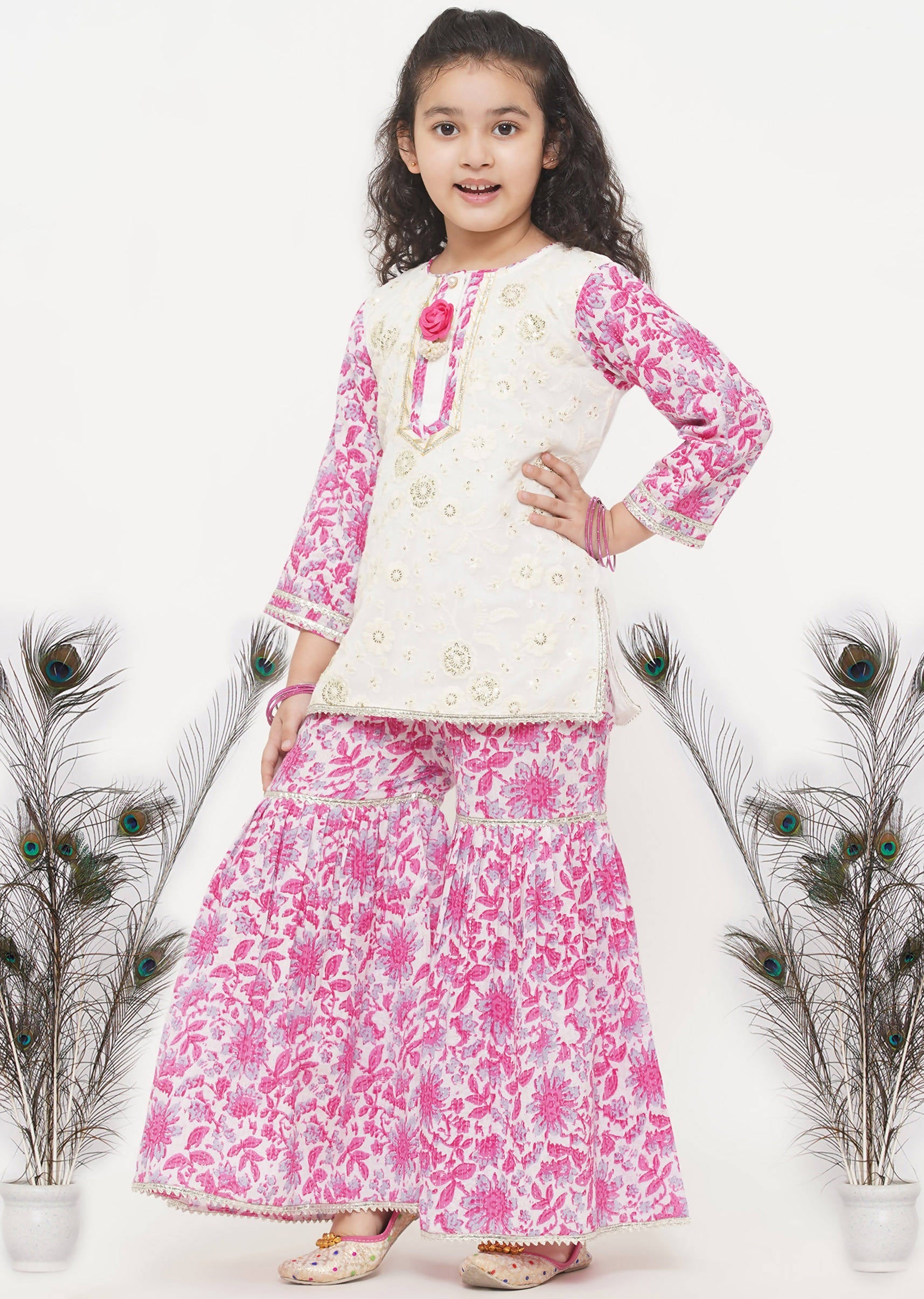 Little Bansi Girls Cotton Embroidery Kurta with Floral Sharara with Dupatta - White & Pink