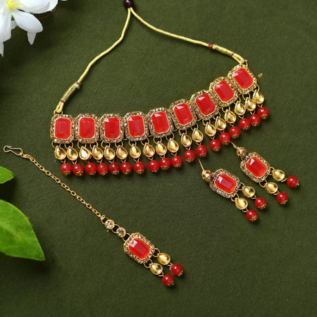 Mominos Fashion Johar Kamal Gold-Polished Brass Finish Kundan/Pearls Choker For Women (Red)