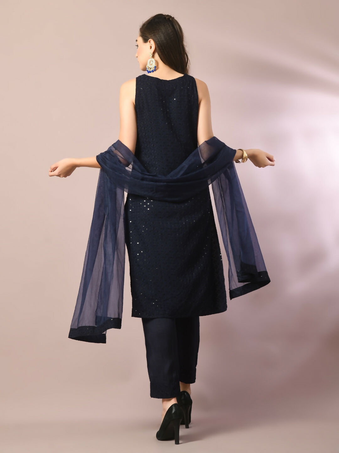 Myshka Women's Navy Blue Embroidered Cotton Straight Party Kurta Set With Dupatta