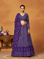 Purple Thread Sequence Embroidered Georgette Lehenga Choli - Jihu Culture