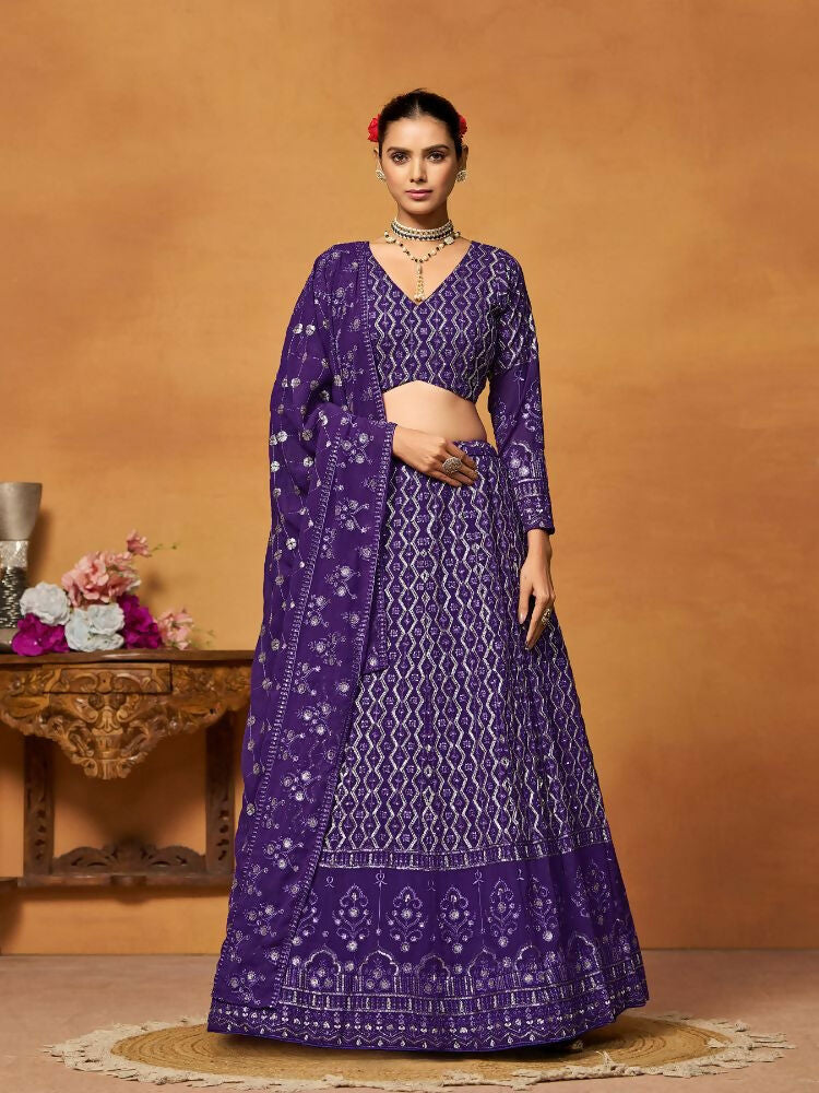 Purple Thread Sequence Embroidered Georgette Lehenga Choli - Jihu Culture