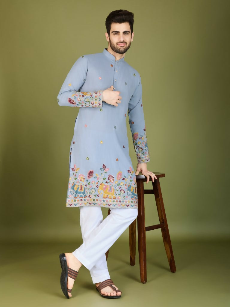Vastranavya Sky Blue Exclusive Festival Wear Cotton Sequence Embroidered & Thread Work Kurta
