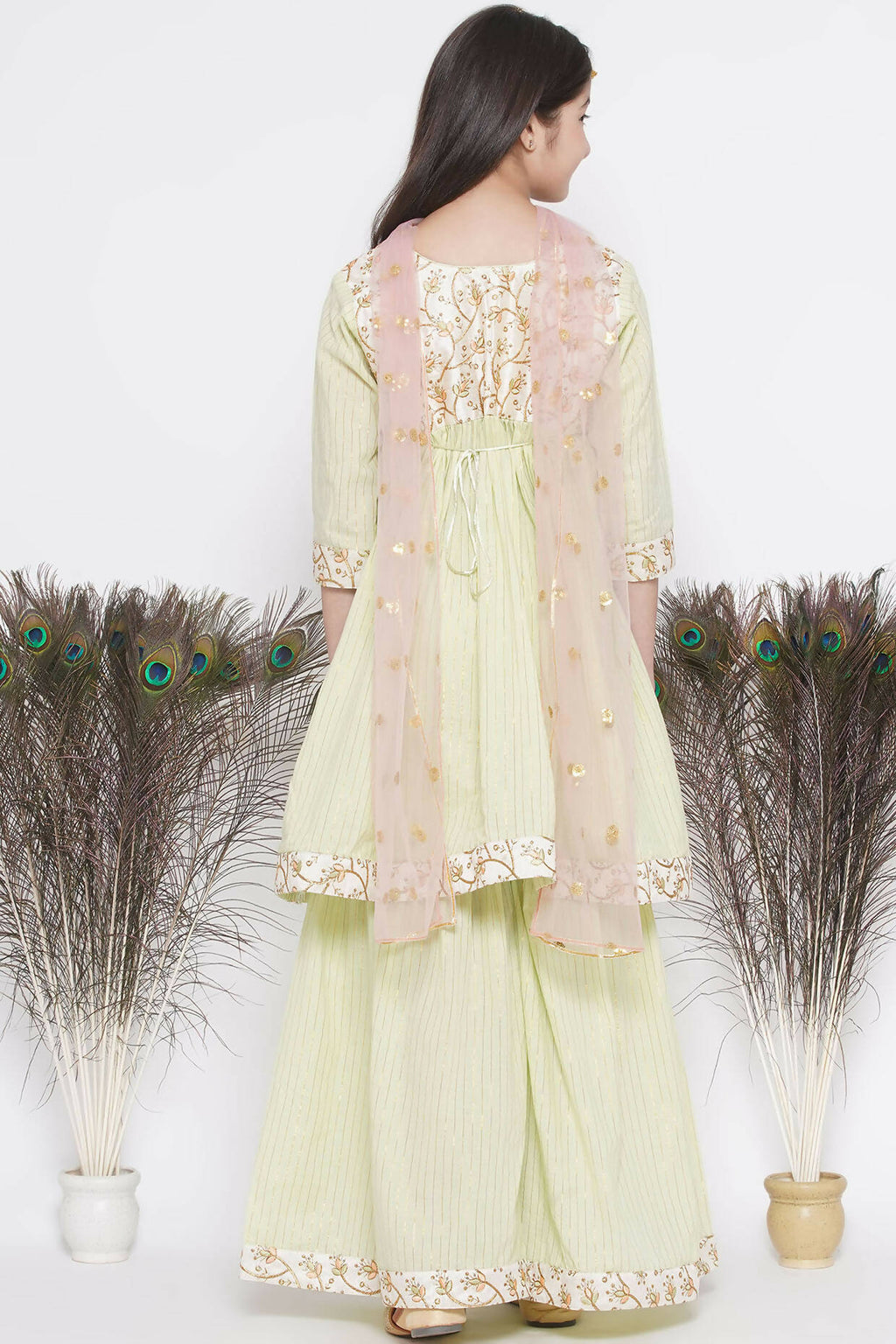 Little Bansi Floral Embroidery Jacket With Cotton Lurex Frock Sharara And Dupatta With Ghungroo Handwork - Bottle Green