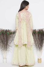 Little Bansi Floral Embroidery Jacket With Cotton Lurex Frock Sharara And Dupatta With Ghungroo Handwork - Bottle Green