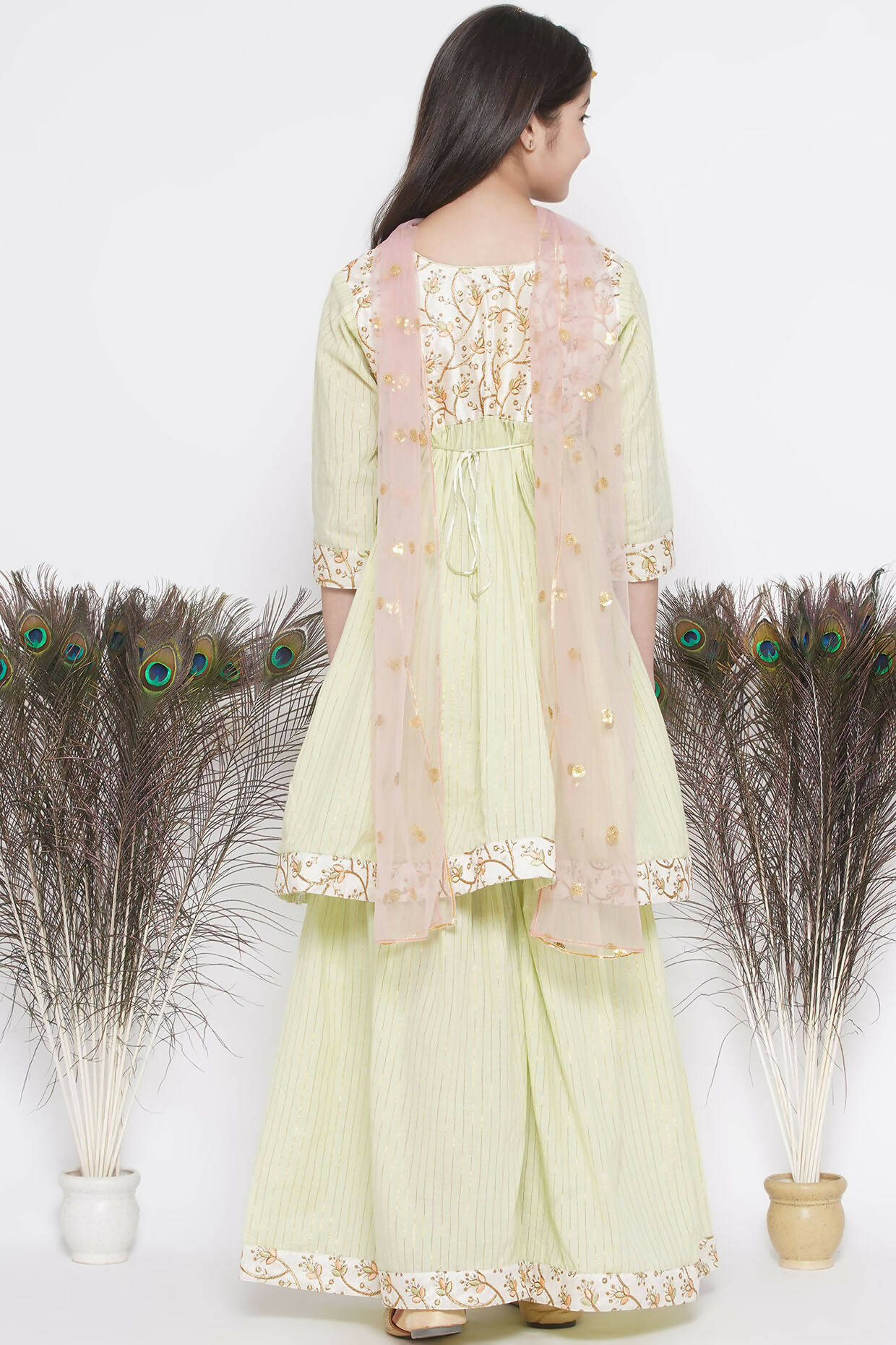 Little Bansi Floral Embroidery Jacket With Cotton Lurex Frock Sharara And Dupatta With Ghungroo Handwork - Bottle Green
