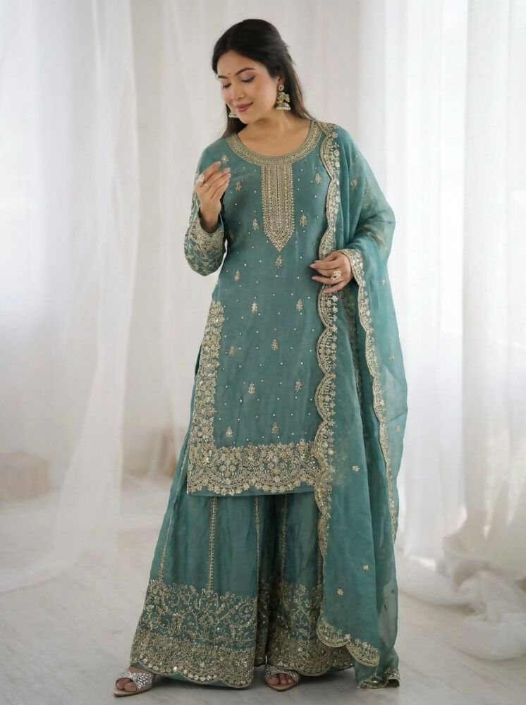 Teeya Creation Turquoise Color Fendy Silk Embroidery Work Wedding Wear Salwar Suit - Distacart