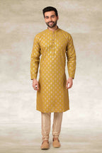 Raivat Ethnic Cotton Printed Work Kurta Pajama In Mustard Colour