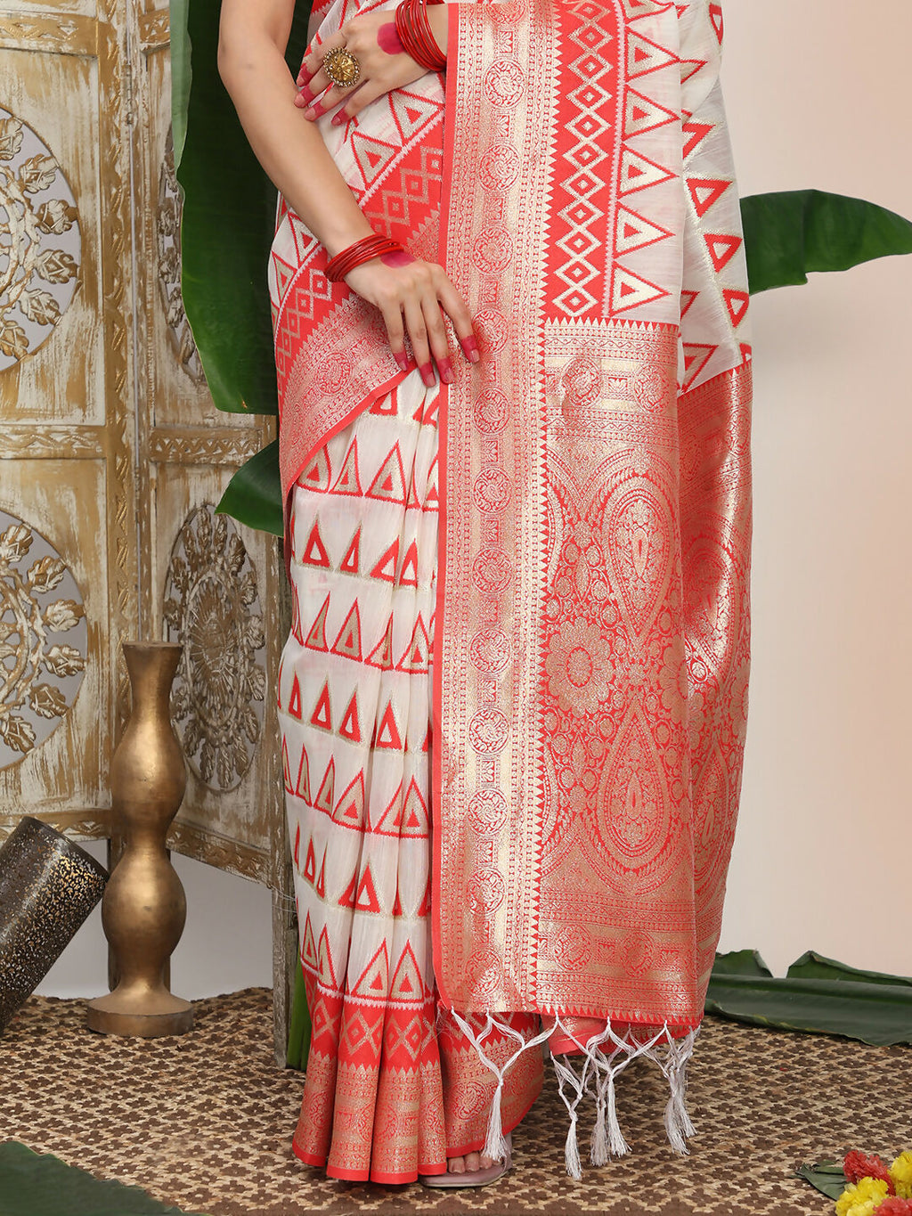 Shree Shyam Fashion Linen Cotton Red & White Saree - Distacart