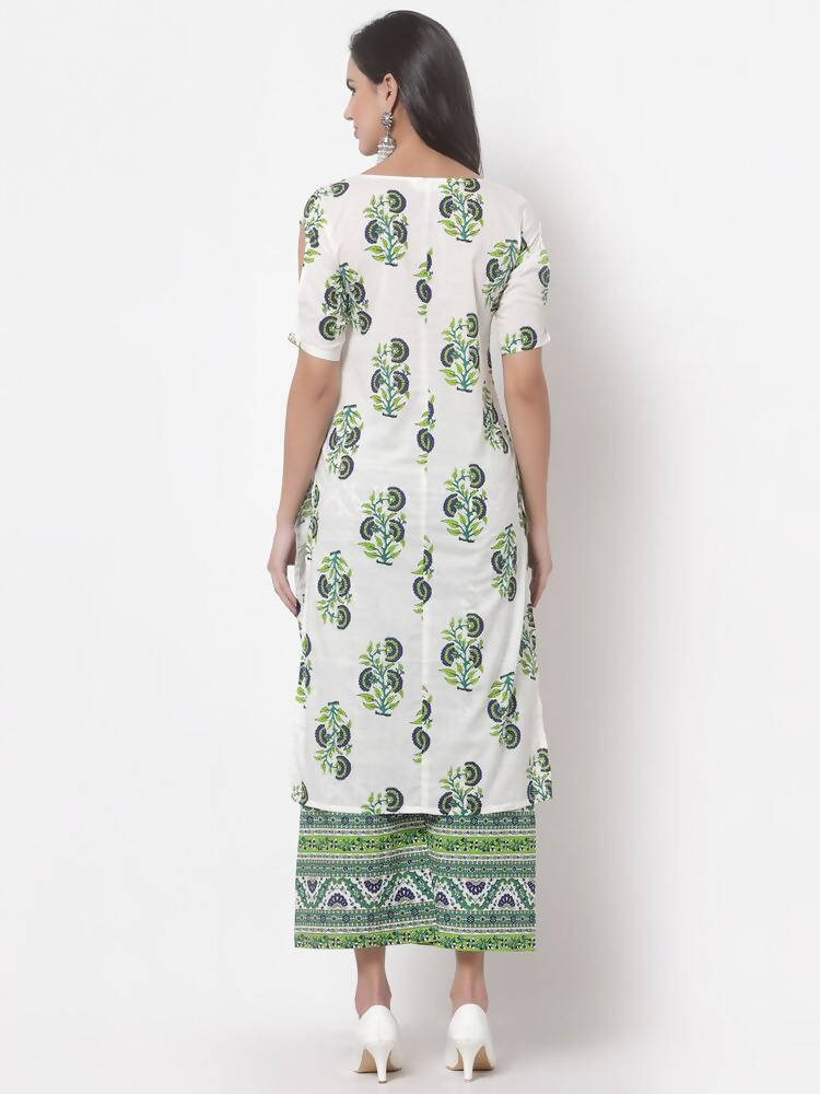 Myshka Women's White Cotton Blend Printed Half Sleeves V Neck Casual Kurta with Palazzo Set