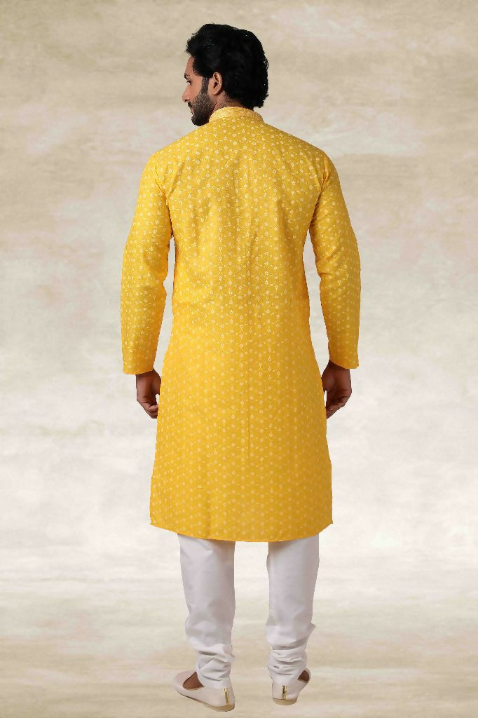 Raivat Ethnic Cotton Printed Work Kurta Pajama In Yellow Colour