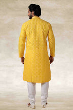 Raivat Ethnic Cotton Printed Work Kurta Pajama In Yellow Colour