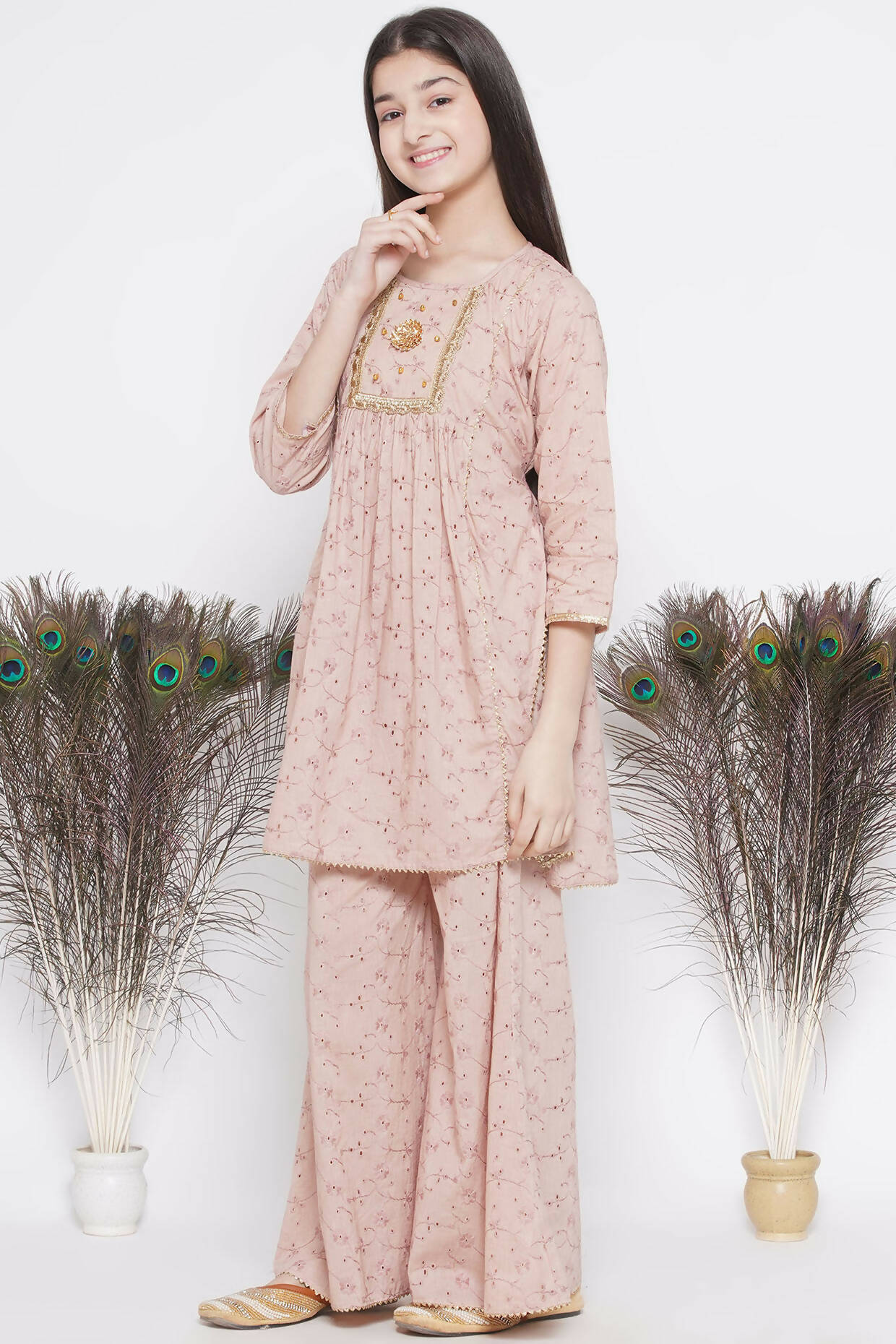 Little Bansi Floral Shiffli Kurta With Plazzo And Dupatta - Brown