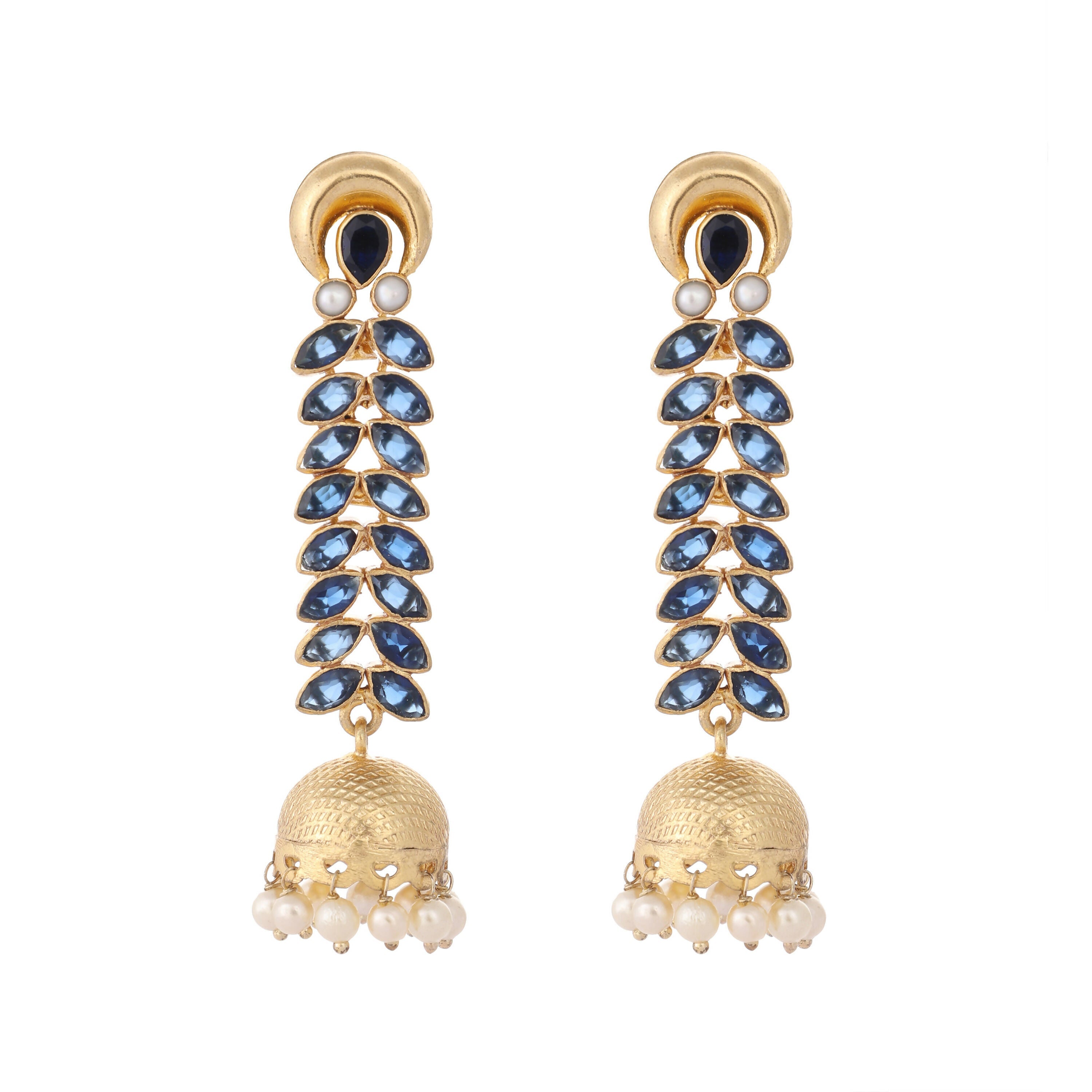 Nuyug 22K Gold-Plated Blue Onyx & Pearl Studded Dome Shaped Jhumkas - Distacart