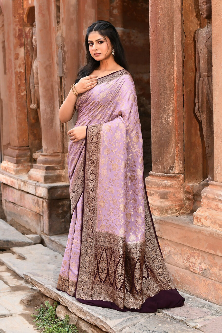 Joban Fashion Nude Pink Crepe Chiffon Pure Handloom Banarasi Silk Saree