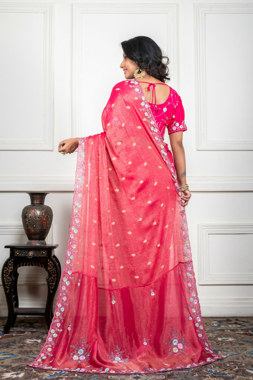 Morchari Pink Pure Chiffon Hand Embroidery Saree And Stitched Blouse - Distacart