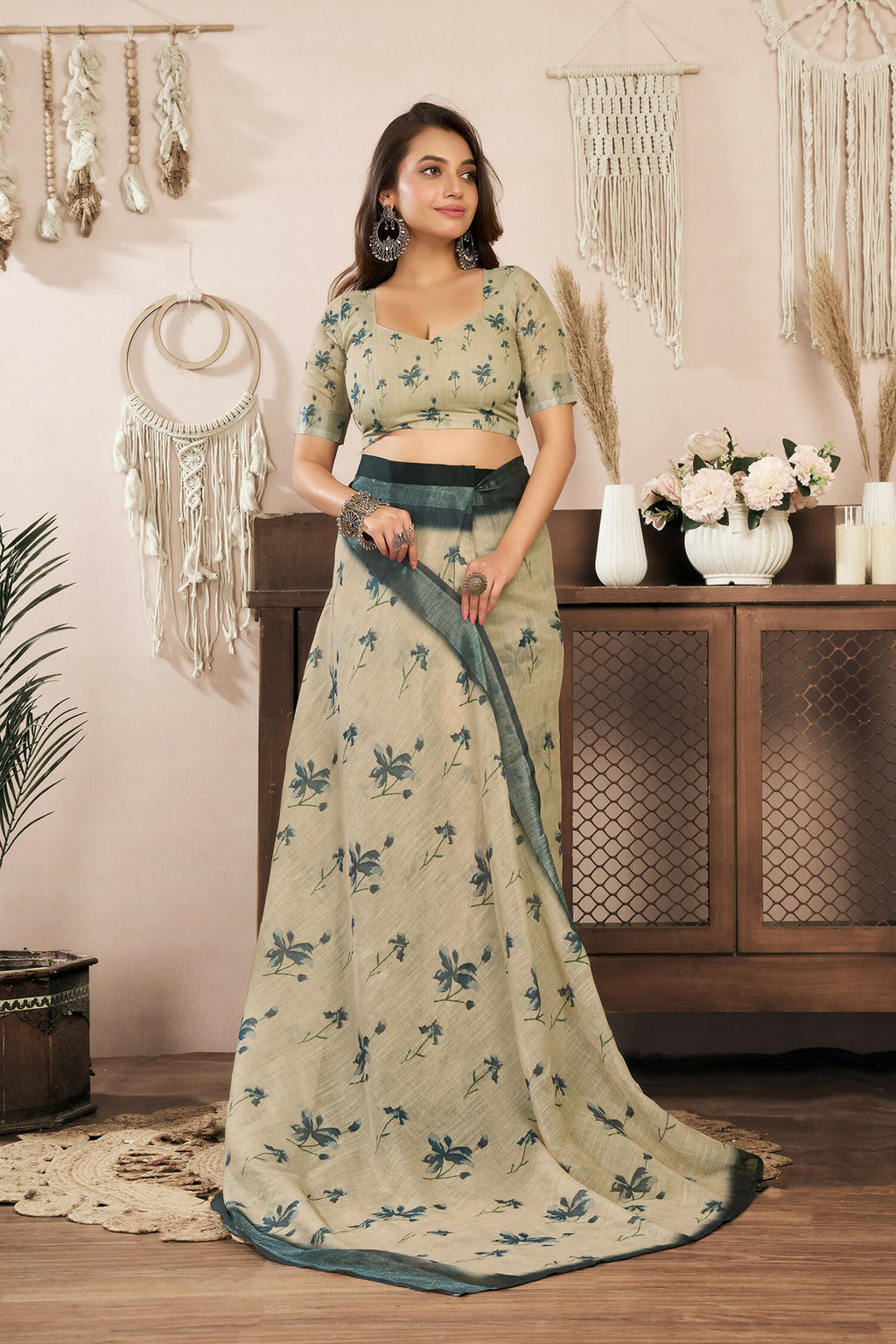 Joban Fashion Beige Floral Linen Ready To Wear Saree With Unstitched Blouse - Distacart