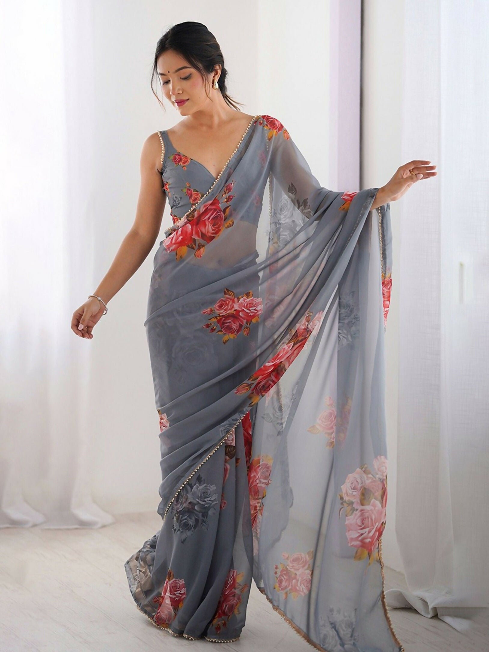 Traditional Partywear Grey Georgette Fancy Saree-Pavitra - Distacart
