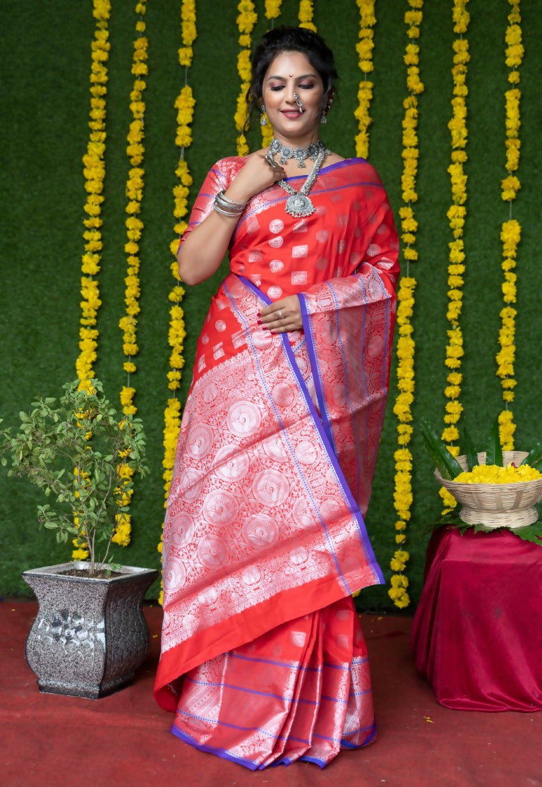 Jyoti Fashion Women's Red Soft Handloom Silk Zari Woven Saree with Blouse