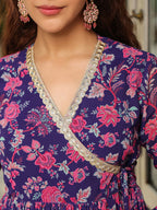 Janasya Purple Georgette Floral Kurta,Bottom & Dupatta