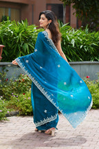 Vastranavya Teal Embroidery Work Shimmer Chiffon Saree with Unstitched Blouse - Distacart