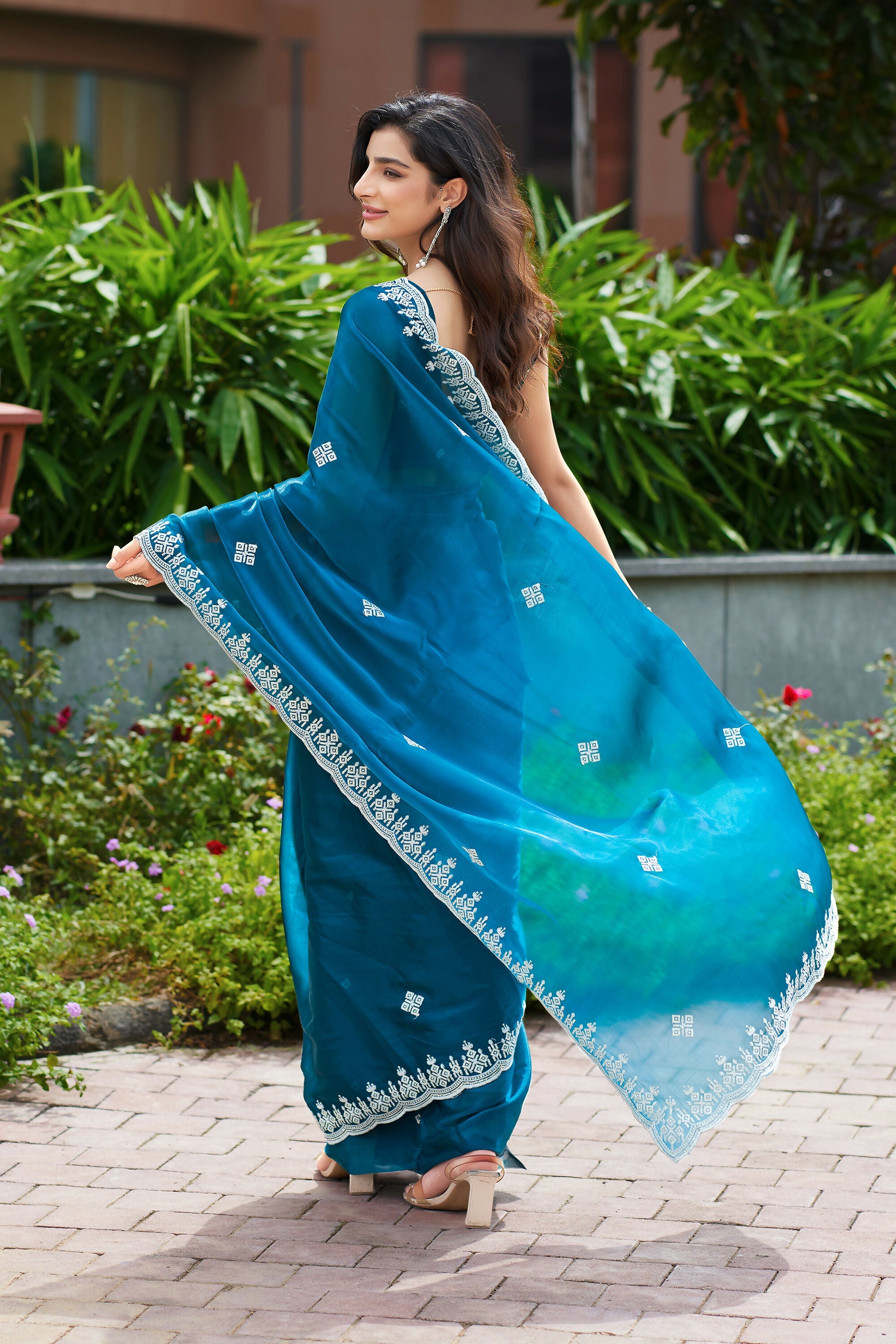 Vastranavya Teal Embroidery Work Shimmer Chiffon Saree with Unstitched Blouse - Distacart