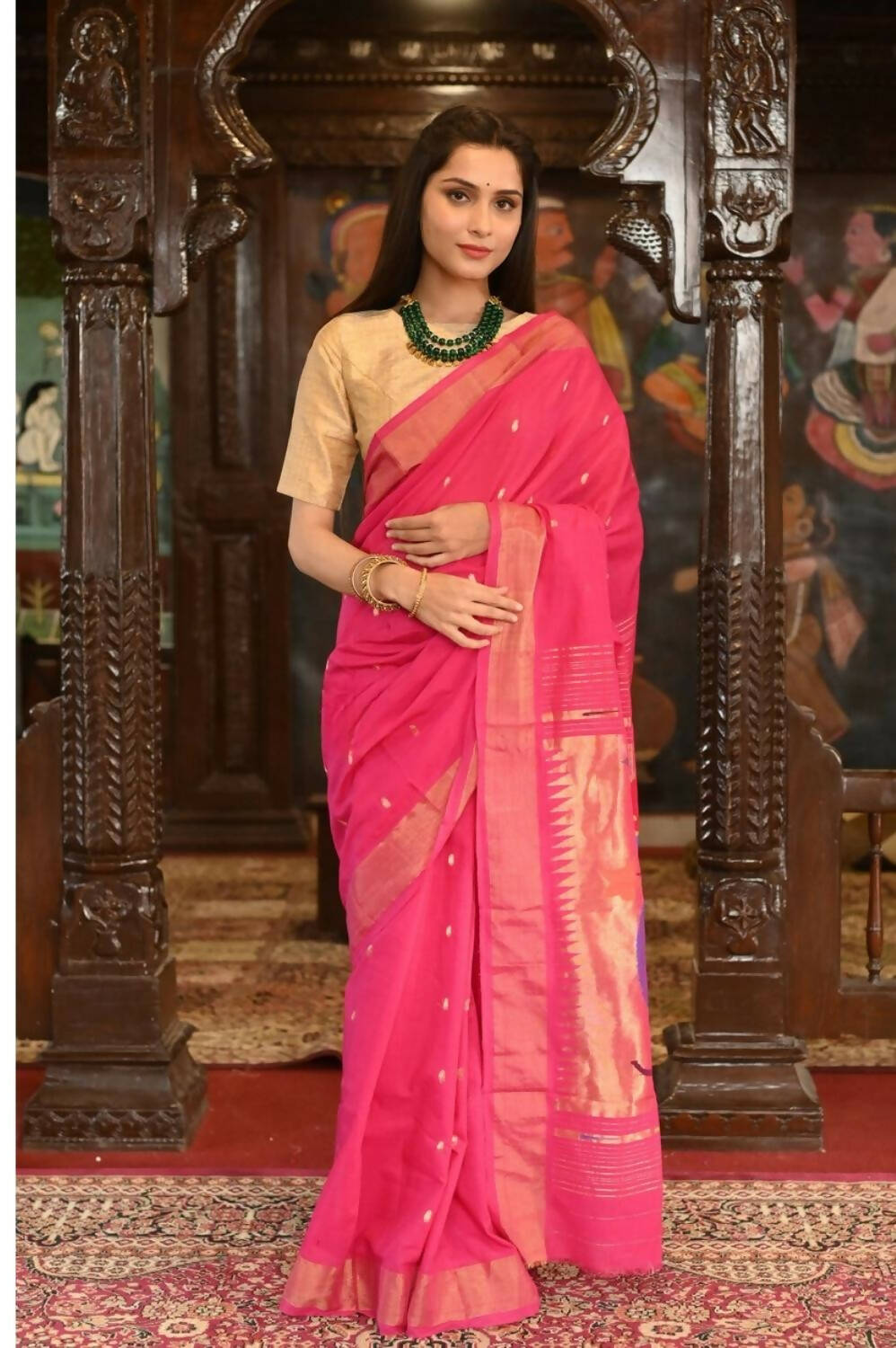 Very Much Indian Handloom Pure Cotton Paithani Radhakrishna Pallu-Rani Pink - Distacart