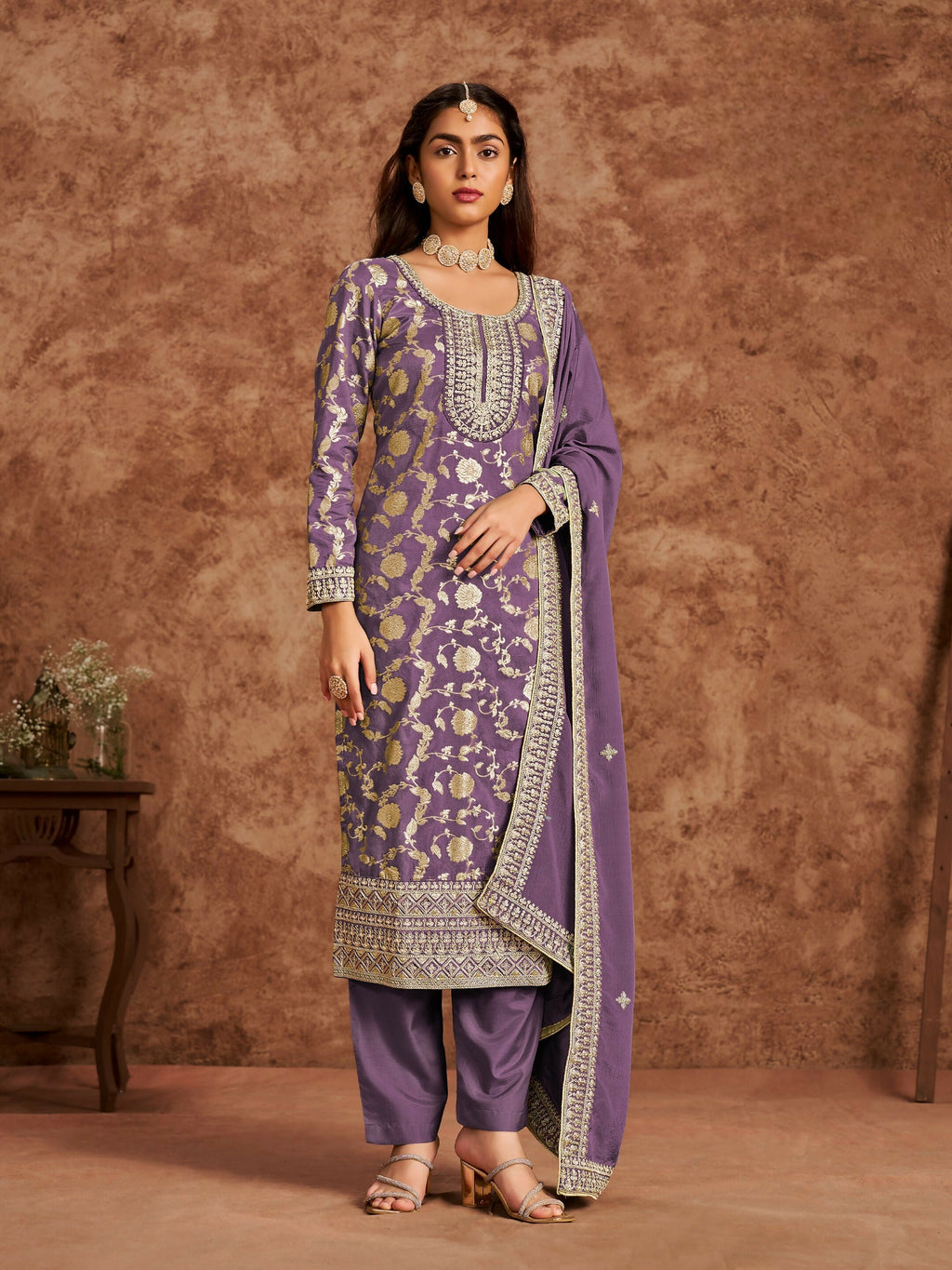 Anaita Purple Premium Dolla Jacquard Embroidered Stitched Salwar Suit - Distacart