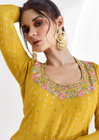 Lorenvalley Fashion Yellow Chinon Embroidery with Sequince Work Salwar Lehenga Stitched
