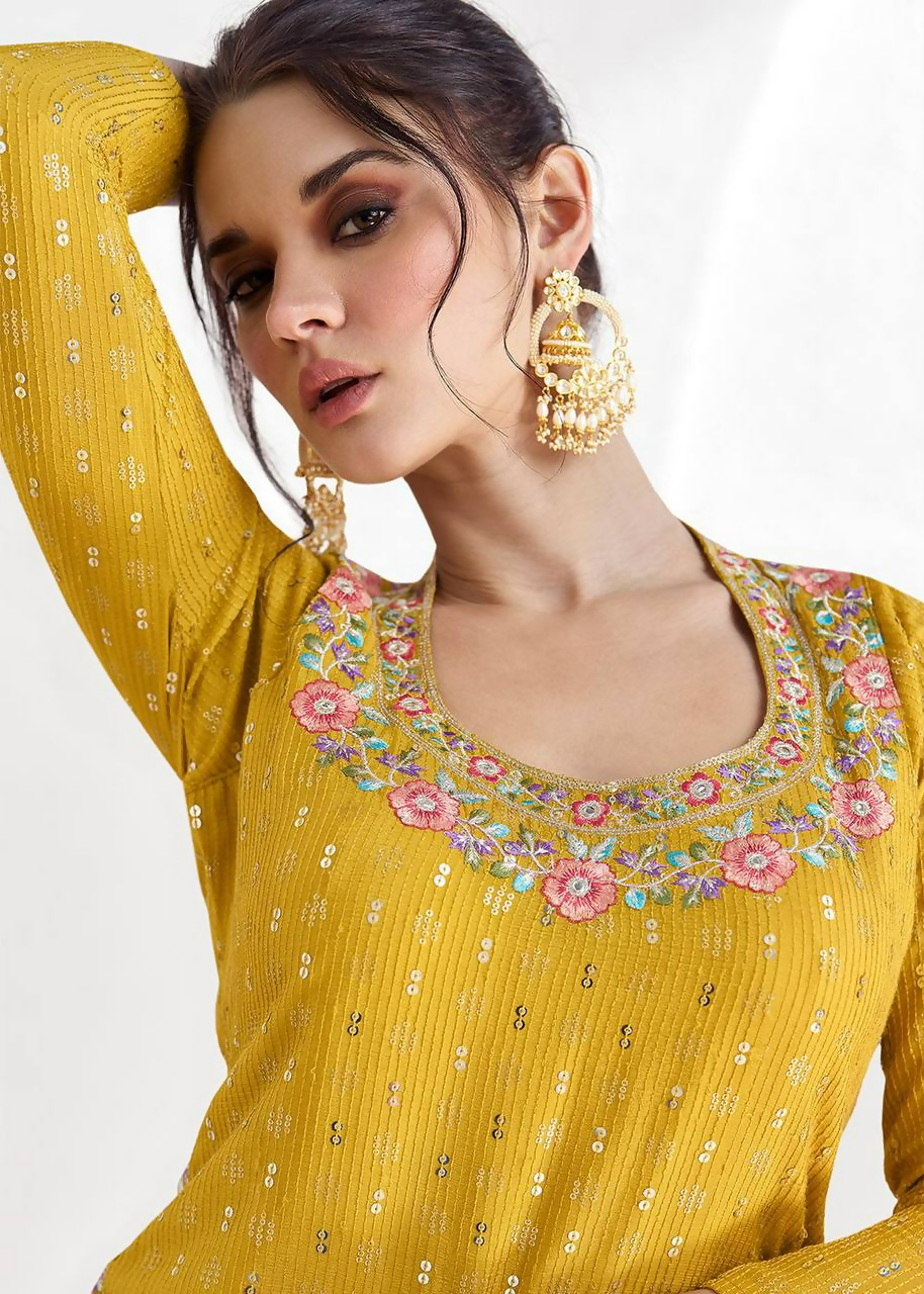 Lorenvalley Fashion Yellow Chinon Embroidery with Sequince Work Salwar Lehenga Stitched