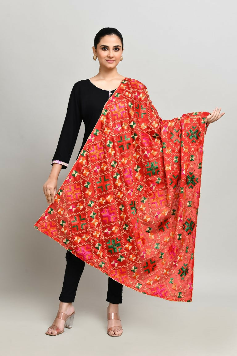 Joban Fashion Multi Color Cotton Embroidery Work Phulkari Dupatta