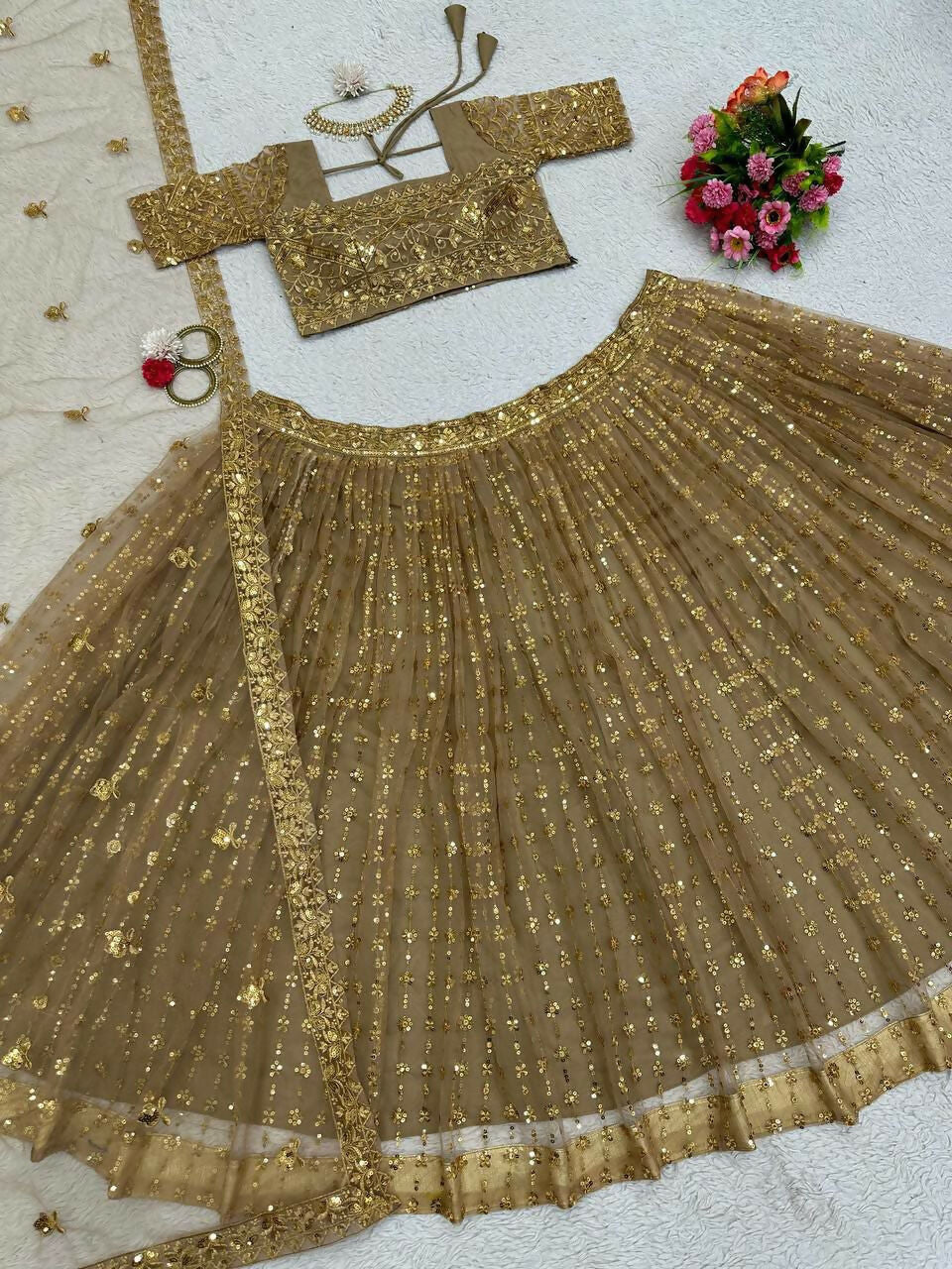 Jyoti Fashion Women's Beige Butterfly Net Sequins with Thread Embroidered Designer Lehenga Choli Set