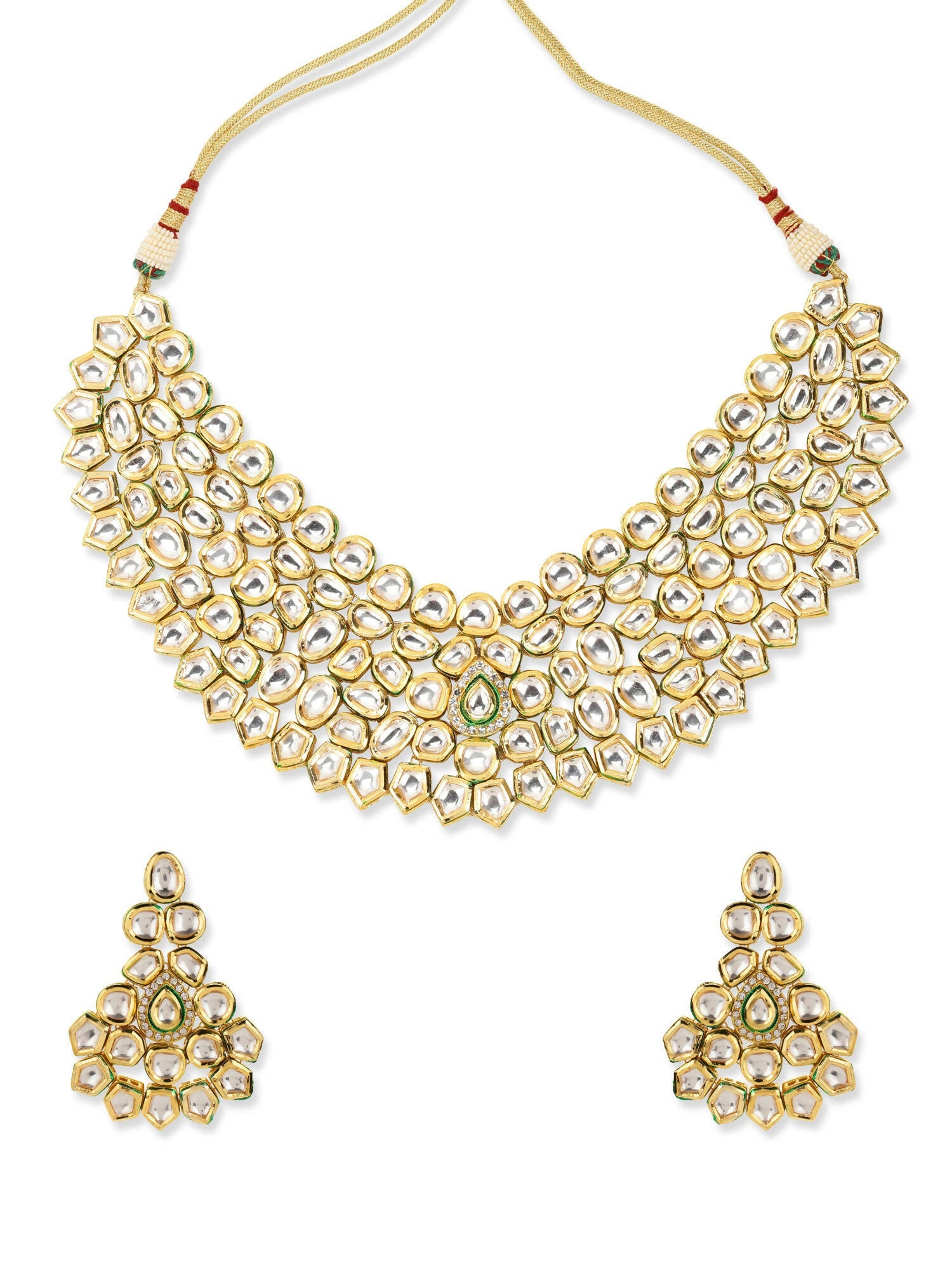 Gold Plated Maharani Kundan Neckpiece With Earrings And Maang Tikka - Ruby Raang - Distacart