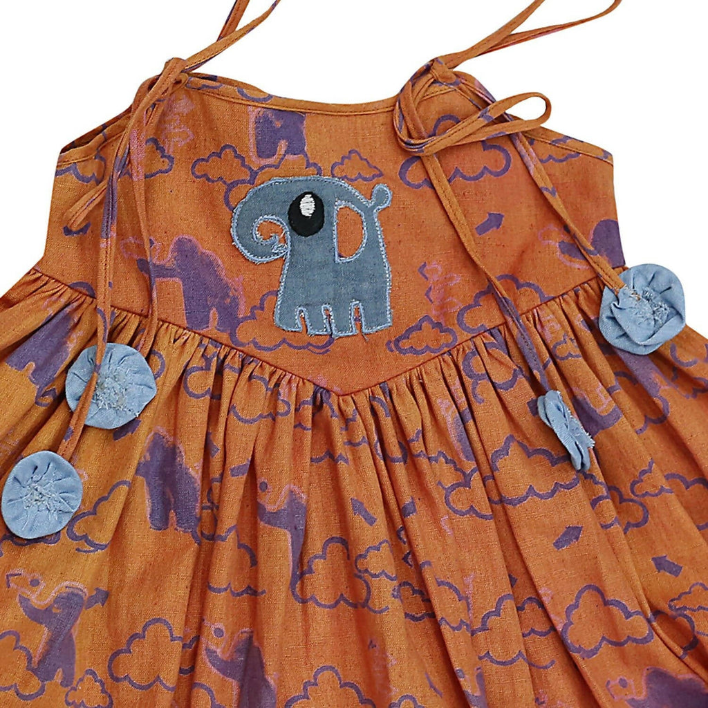 Mhyssa Pleated Sleeveless Orange and Blue Round Neck Frock