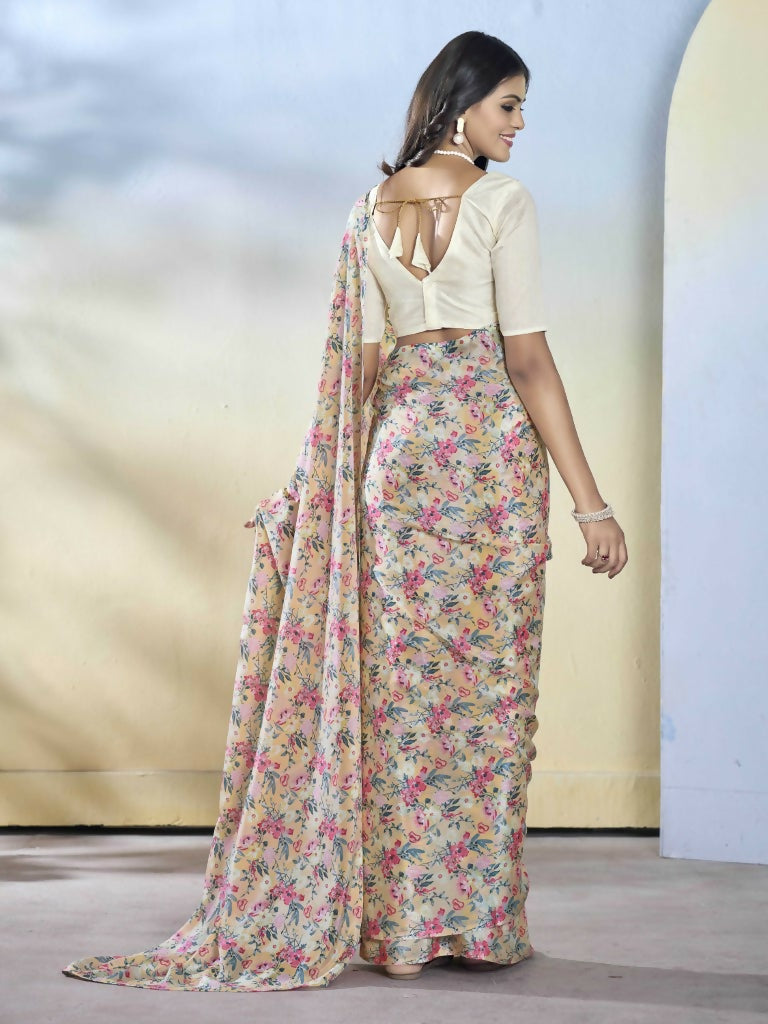 Off White Georgette Designer Printed Ready to Wear Saree - Samyana
