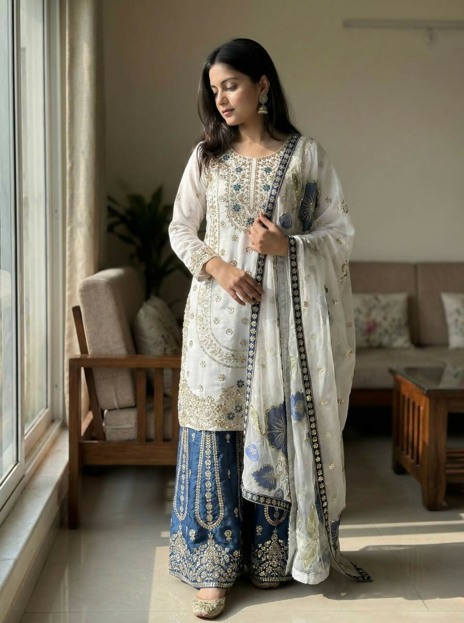 Teeya Creation Blue Gimmy Silk Designer Embroidery Work Wedding Wear Palazzo Pair - Distacart
