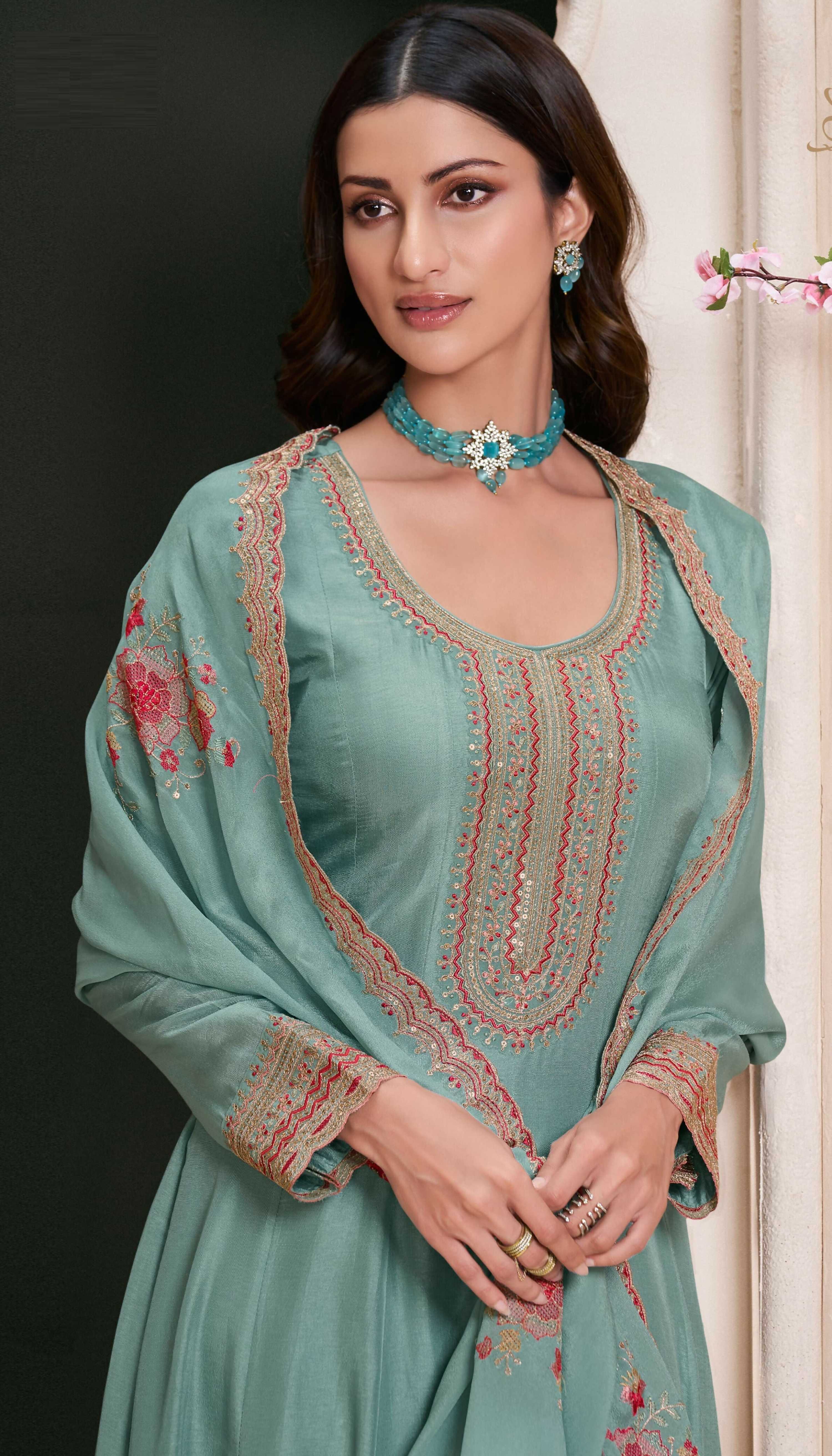 Anaita Teal Embroidered Work Silk Stitched Anarkali Suit - Distacart