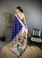 Joban Fashion Royal Blue Peacock & Floral Motifs Soft Silk Kanchipuram Saree - Distacart